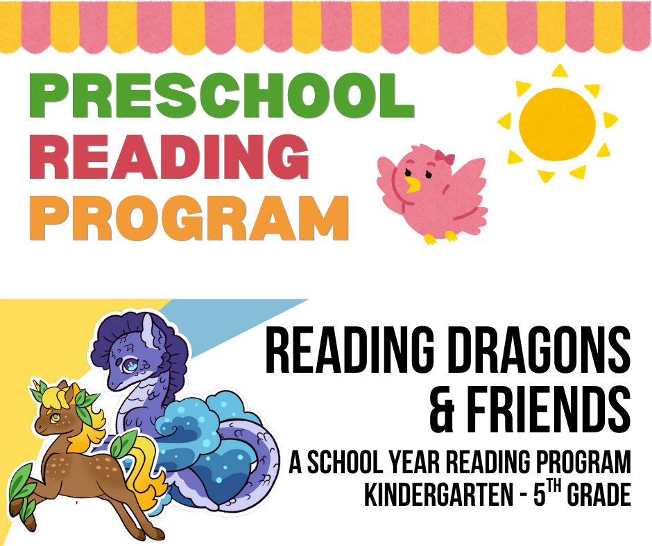preschool reading program, cartoon image of sun and pink bird reading dragons and friends a school year reading program kindergarten - 5th grade cartoon unicorn and selkie