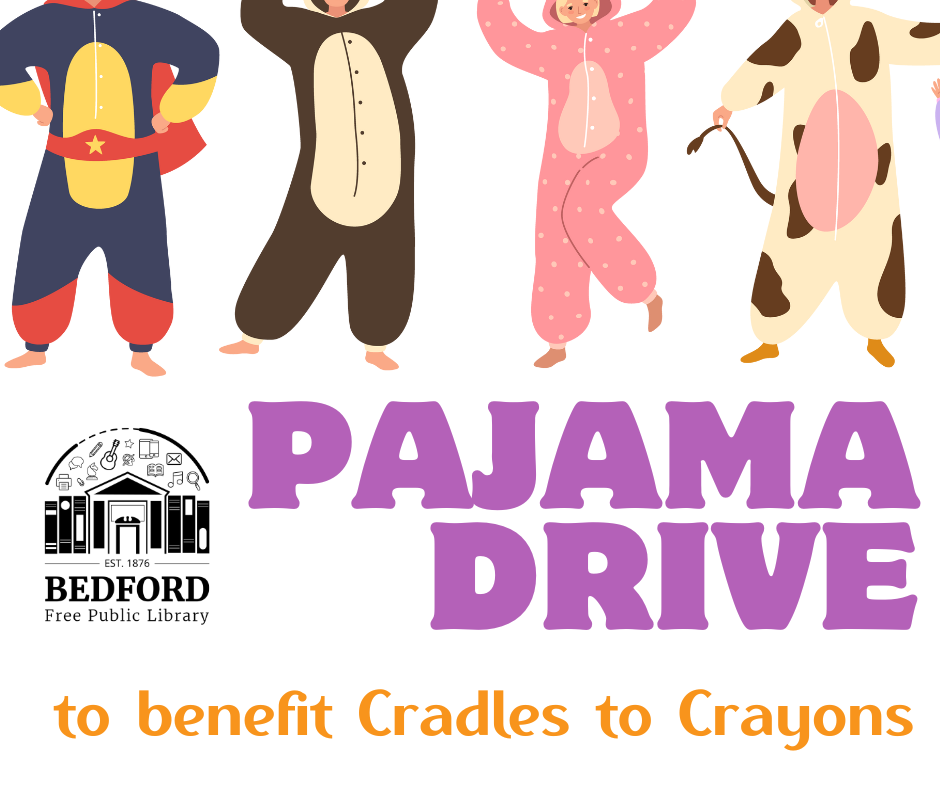 cartoon of people in onesie pajamas text reads pajama drive to benefit Cradles to Crayons